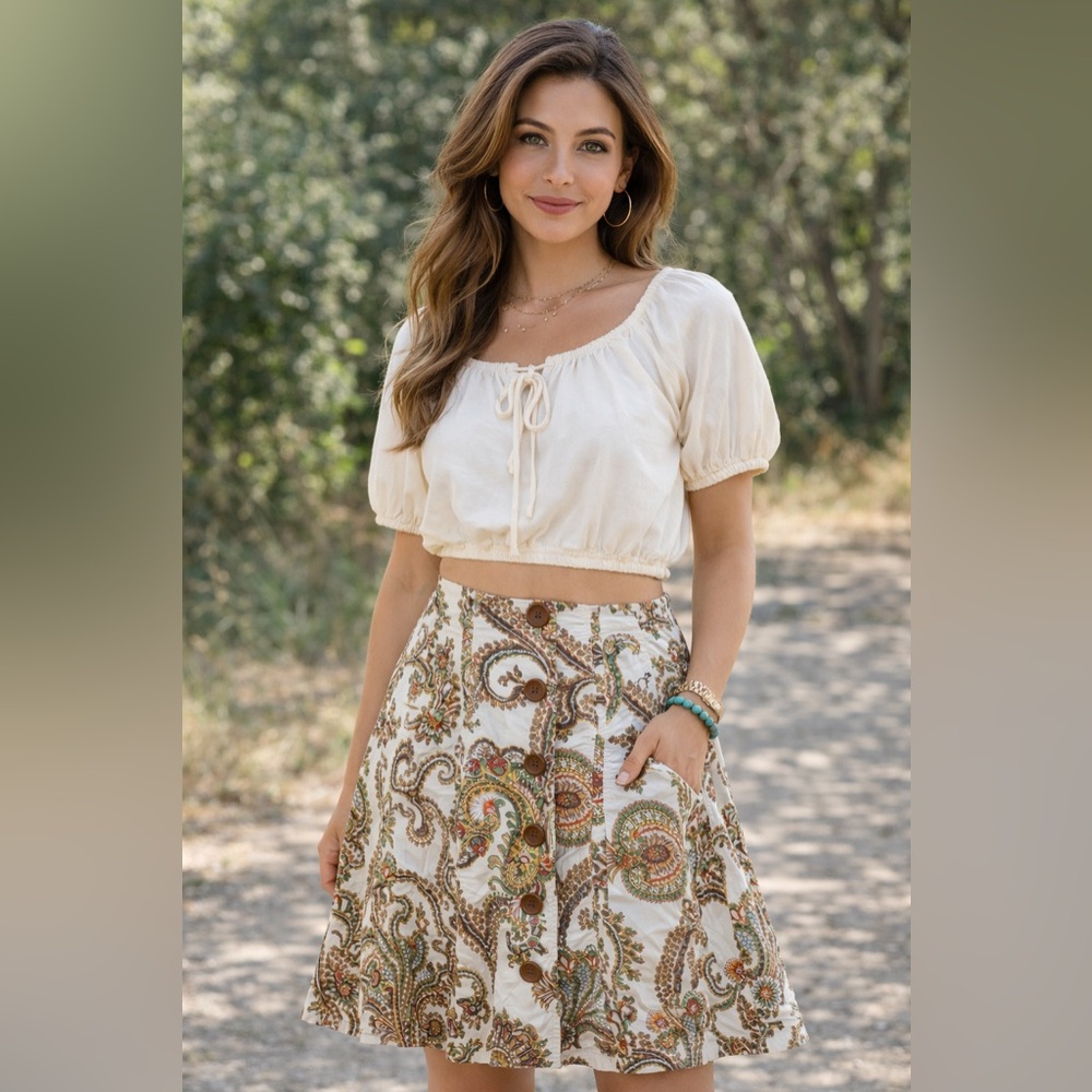 CAbi Paisley A-Line Skirt Button Front Cotton Size 4